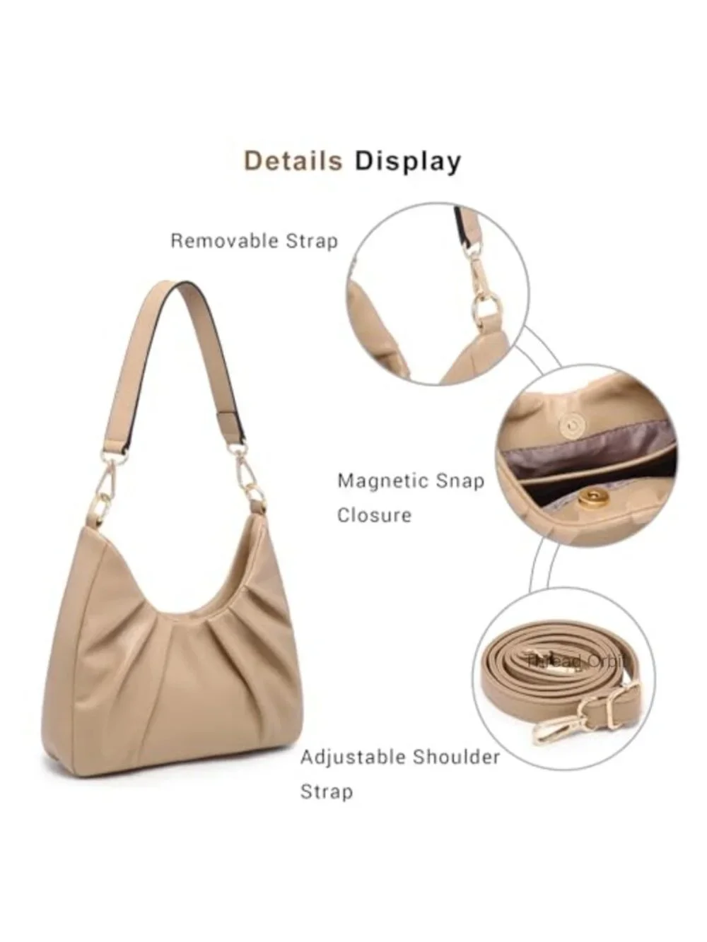 Ruched Hobo Handbag with 2 Removable Straps Crossbody Shoulder Purse